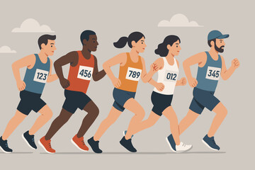 Diverse group of marathon runners competing in a race. Men and women athletes in sportswear with bib numbers. Flat vector illustration. Sports, fitness, healthy lifestyle, and endurance concept.