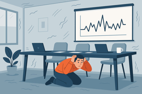 Frightened man hiding under office desk during earthquake, symbolizing workplace stress, anxiety, or financial crisis. Emergency safety, disaster preparedness, business pressure concept. - Powered by Adobe