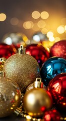 Festive Photo Of Shiny Gold Red and Blue Christmas Ornaments