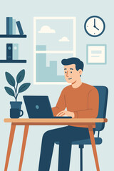 Man working on laptop at modern office desk. Vector illustration of a young professional, freelancer, or student busy with computer. Productive workspace, remote job concept.