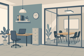 Modern empty office interior workplace scene. Contemporary business workspace with desk, chair, laptop, and meeting room. Corporate environment for work. Professional co-working space vector.