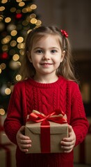 Festive Portrait of Little Girl with Christmas Gift and Red Sweater