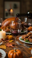Festive Thanksgiving Dinner Table With Wine Glass Plate and Food
