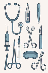 Fototapeta premium Medical instruments vector icon set. Stethoscope, syringe, thermometer, scalpel, scissors. Healthcare equipment for hospital, clinic. Flat design surgical and diagnostic tools illustration.