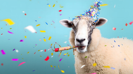 Funny Sheep in Party Hat Blowing Noisemaker & Confetti