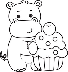 Outline of Cute hippo icon. Lineart of Funny baby hippo animal series stock illustration. life of fluffy hippo designs.
