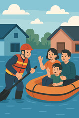 Flood rescue operation illustration. Emergency worker saving family in boat from submerged houses. Natural disaster, evacuation, climate change crisis, safety, survival concept vector.