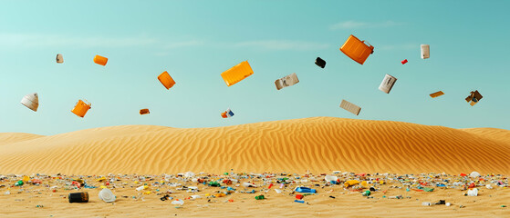 Desert Landscape Filled With Plastic Waste And Flying Debris