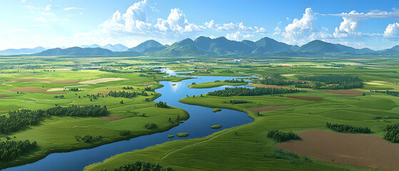 Aerial View Of Lush Green Valley With Winding River And Mountains
