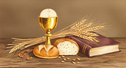 Golden Chalice with Bread Still Life Religion and Spirituality