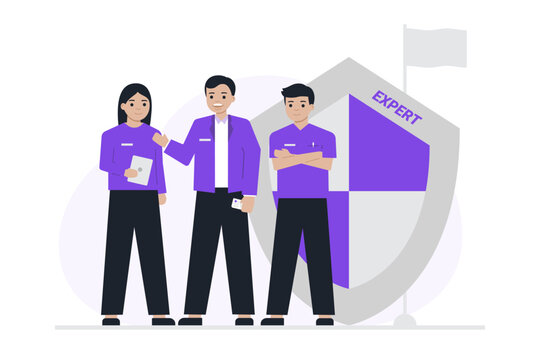 A diverse team of specialist professionals in purple uniforms stands confidently before an Expert shield, symbolizing their specialized expertise and teamwork.
