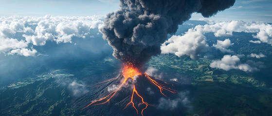 Aerial View Of Volcanic Eruption Over City