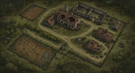 Obraz premium Aerial View of Farm Field Ruins Landscape Countryside Agriculture