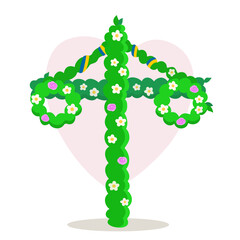 Midsummer floral pole with wreaths, Swedish decorated symbol of summer isolated on white background, greeting card for celebrating Glad Midsommar holiday