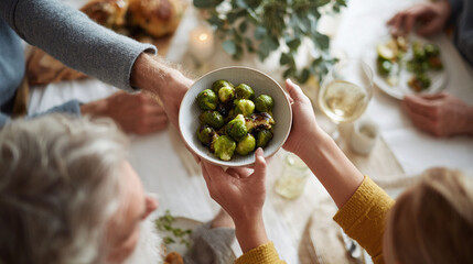 Sharing food at family dinner. Top view of hands passing bowl with brussels sprouts. Celebratory meal, tradition, holiday season, togetherness.