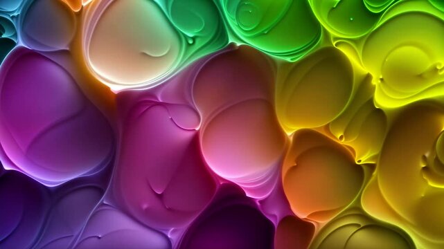 Splashes and strokes of bright rainbow oil paint alternate smoothly across the canvas. The colors vary from vibrant pink and purple to yellow and green. Loop animation, seamless endless footage.