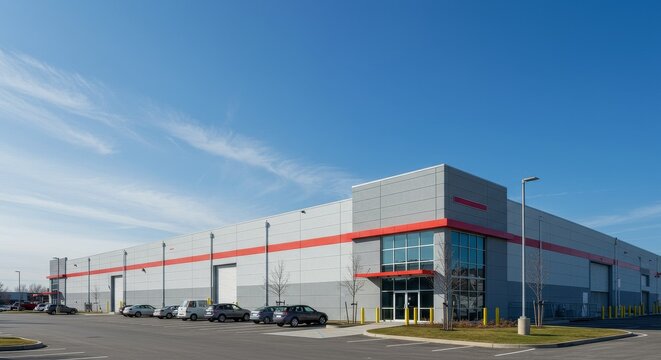 Building Exterior Commercial Warehouse Architecture under Blue Sky Photo