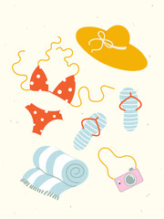 Trendy summer abstract poster with swimsuit, flip flops, sun hat, beach towel, camera.  Beach and vacation hand drawn doodle elements. Vector travel illustration for wall decor, postcard, cover