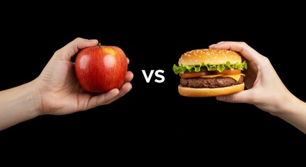Healthy Vs Unhealthy Choice Hands Holding Apple and Burger on Black