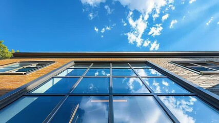 Modern building facade with large windows reflecting a vibrant sky - Powered by Adobe