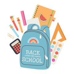 Back to school label with typography and school supplies elements. Vector design template for background, banner, poster, card, sale tag.