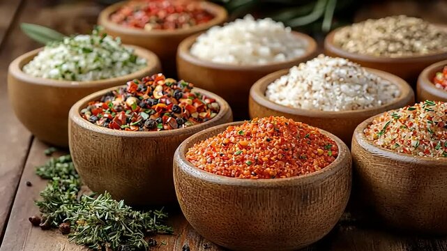 Diverse Assortment of Spices in Wooden Bowls Displayed on a Wooden Surface for Culinary Use