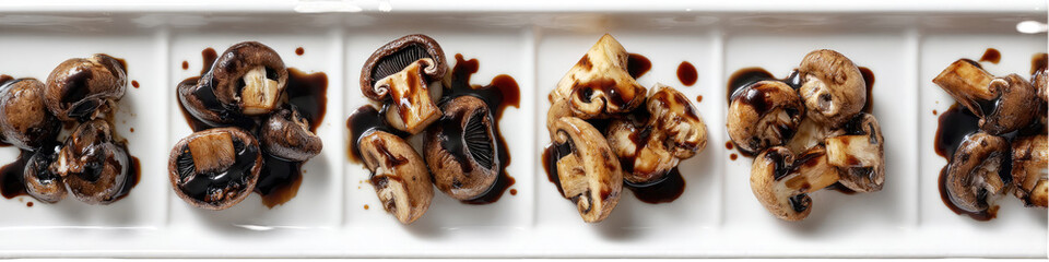 Sliced mushrooms in dark sauce, arranged on a white platter