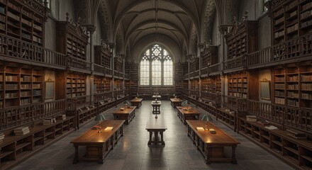 Fototapeta premium Grand Library Interior with Wooden Tables and Bookshelves