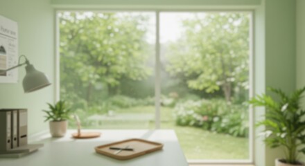 Illustration Interior Room Desk Garden View From Window In Minimalist Style