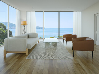 Sofa on wooden floor of living room in modern house. Minimal home interior 3d rendering with sea view.