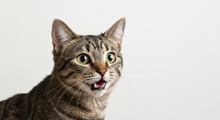 Close Up Portrait of a Tabby Cat Against Neutral Background Feline