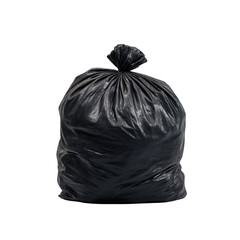 A full black plastic trash bag against a black background