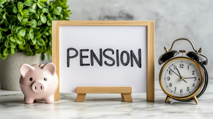Pension Planning Concept with Piggy Bank and Clock on Desk for Retirement Saving