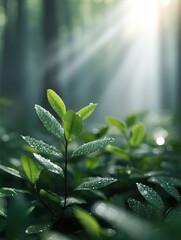 Lush green leaves glistening with dew drops under ethereal sunlight. Symbolizes growth, renewal, and natures beauty. Ideal for environmental themes, wellness, and hope.