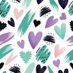 Naklejka premium Artistic abstract seamless pattern with hand drawn hearts and brush strokes in pastel colors on white background