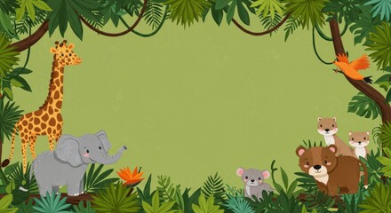 Illustration of Jungle Frame with Tropical Animals Leaves and Green Back