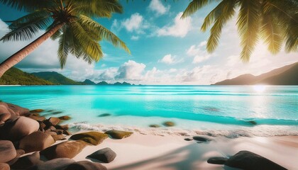 Tropical paradise island beach with palm trees, turquoise sea, and summer sky