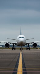 Obraz premium Commercial Airplane Landing on Runway Gray Asphalt Perspective View