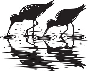 Shorebirds Feeding in Shallow Water Silhouette on Transparent Background