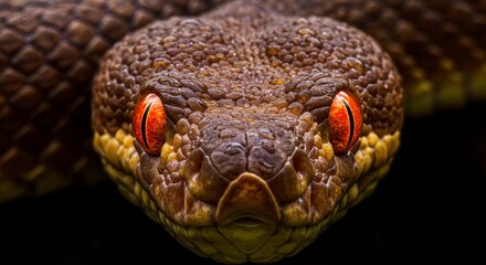 Fototapeta premium Snake Head with Red Eyes Macro Shot Reptile Portrait