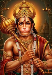 Illustration of Powerful Golden Hanuman Hindu God Deity Spiritual Art
