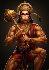 Illustration Of Powerful Hanuman Hindu God Golden Mace Divine Portrait