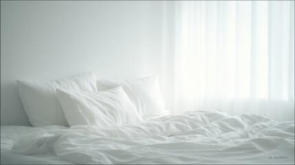 beautiful bed after sleep featuring rumpled sheets and soft light