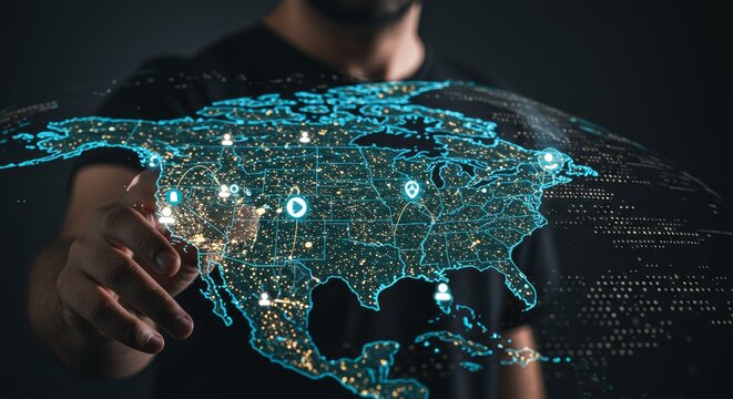Digitally Generated Image of Man Touching Glowing North America Map - Powered by Adobe