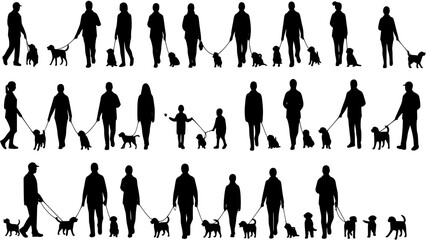 Group people all ages activities with dogs vector silhouette set collection.
