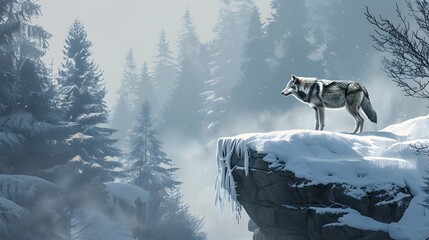 Arctic Wolf on Cliff: A lone arctic wolf stands on a snow-covered cliff overlooking a misty winter forest, conveying a sense of wild solitude and majestic beauty, Generative Ai.