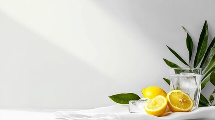 A crystal glass with refreshing lemon water and ice.