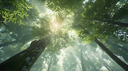Sunlit Canopy: An ethereal perspective from below, gazing up through a vibrant canopy of trees. the sun's rays stream through the leaves, illuminating the lush greenery and creating a serene.
