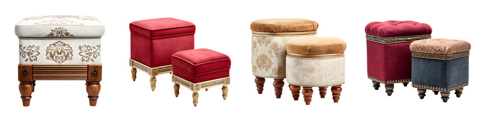 Luxurious, upholstered ottomans in rich geometric patterns, showcasing elegant design, vintage charm, and exquisite craftsmanship suitable for home decor or stylish interiors