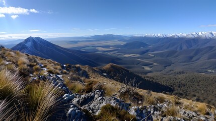 Panoramic Mountain View: A breathtaking panoramic vista unfolds, revealing rugged mountain peaks, lush valleys, and a vast expanse of clear blue sky, embodying the grandeur of nature , Generative AI.